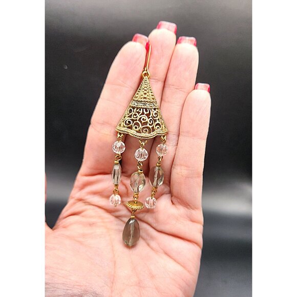 Filigree Crystal Bi-Cone Beaded Dangle Chandelier Earrings BoHo Green - Picture 9 of 11